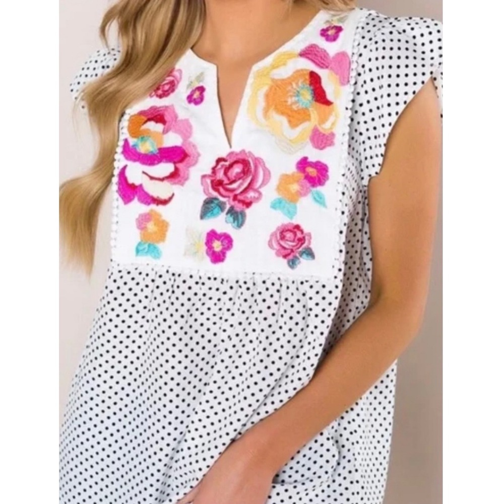 Savannaâ Jane Womens Floral Embroidered Polka Dot Blouse L White Peasant Boho